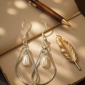 Silver Teardrop Hoop Earrings with White Pearl Drops - Women Jewelry